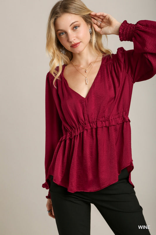Satin V-neck Ruffle Baby Doll Top With Cuffed Long Sleeve - lolaluxeshop
