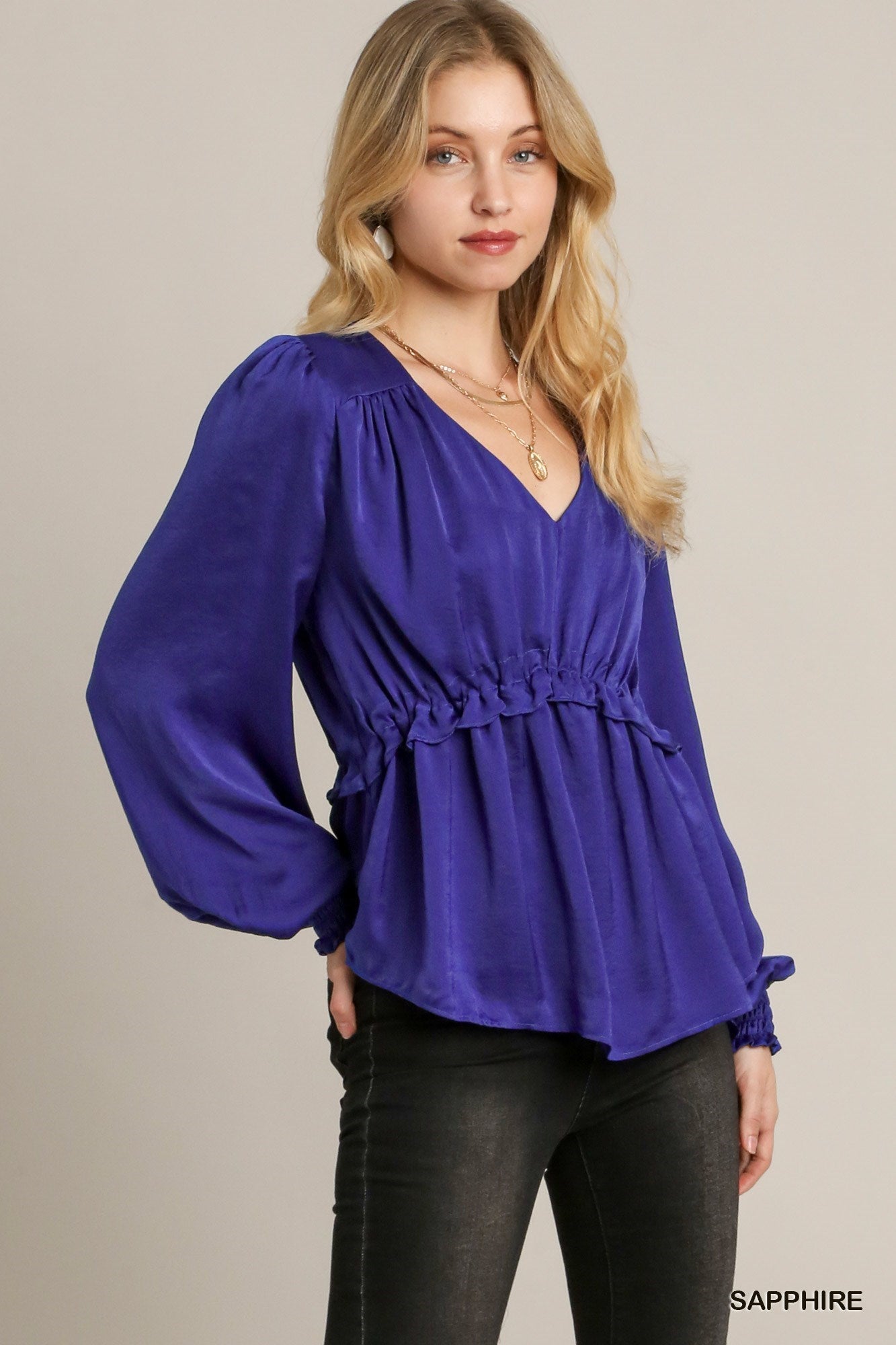 Satin V-neck Ruffle Baby Doll Top With Cuffed Long Sleeve - lolaluxeshop
