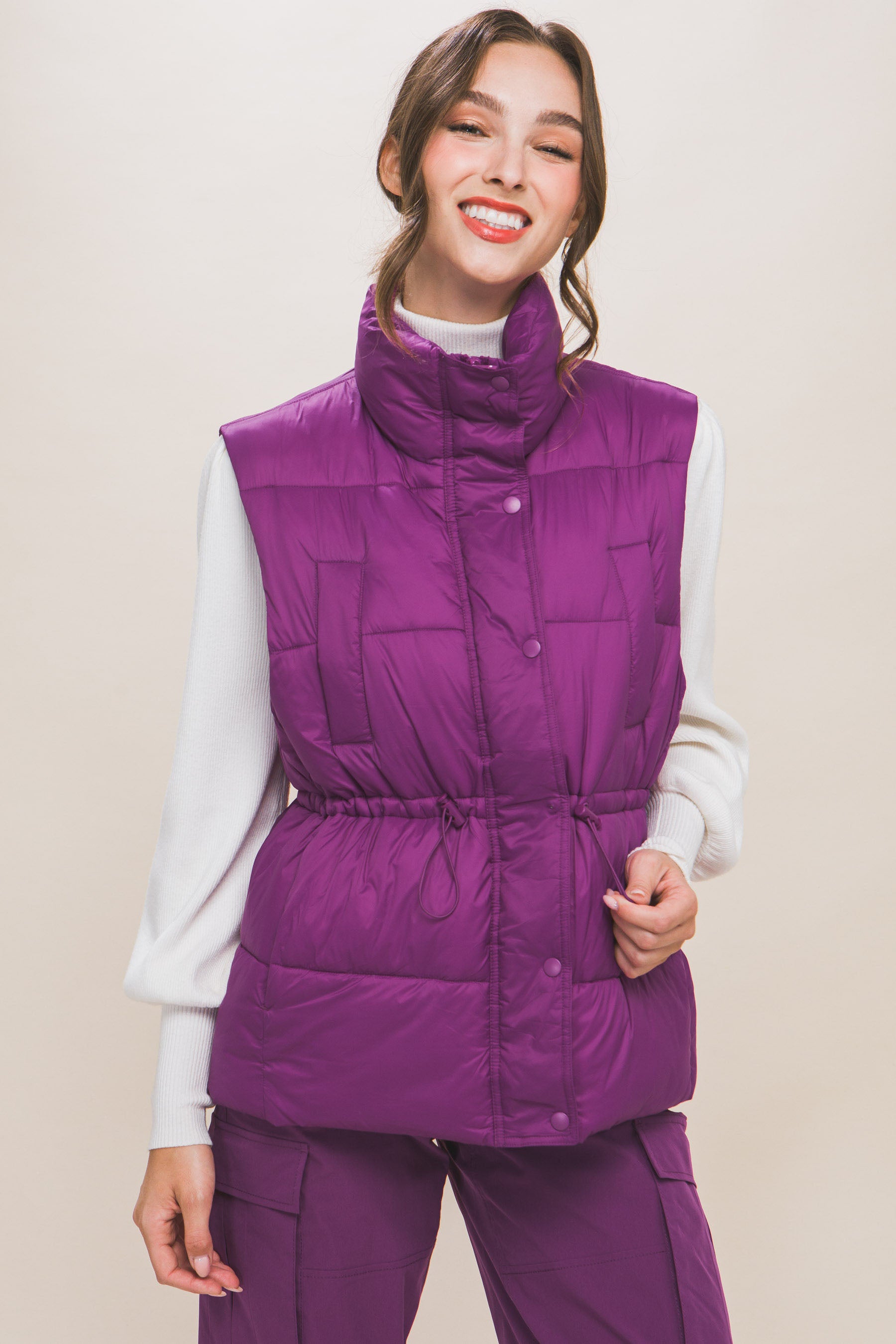 Zip Up Button Puffer Vest With Waist Toggles - lolaluxeshop