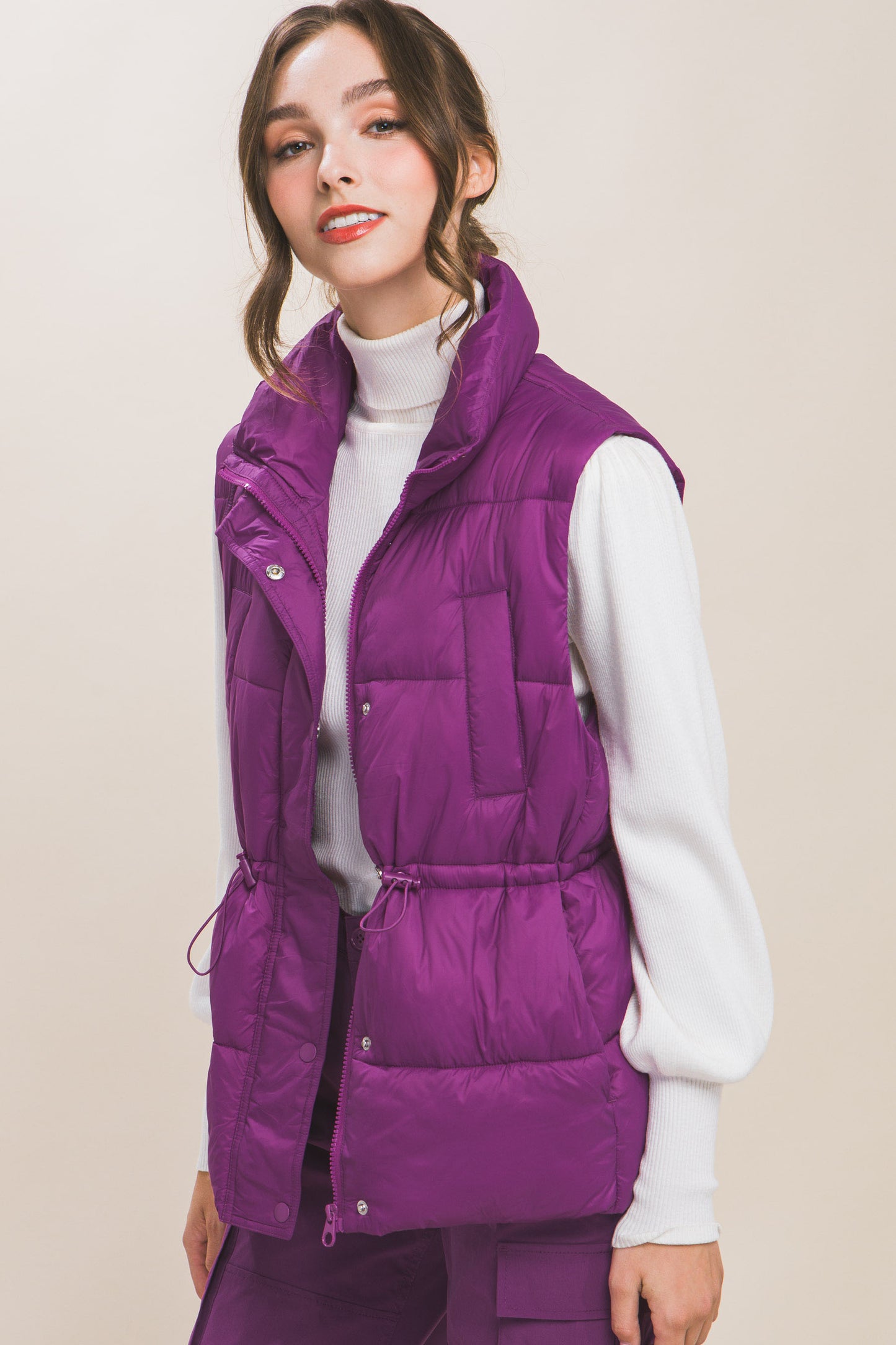 Zip Up Button Puffer Vest With Waist Toggles - lolaluxeshop