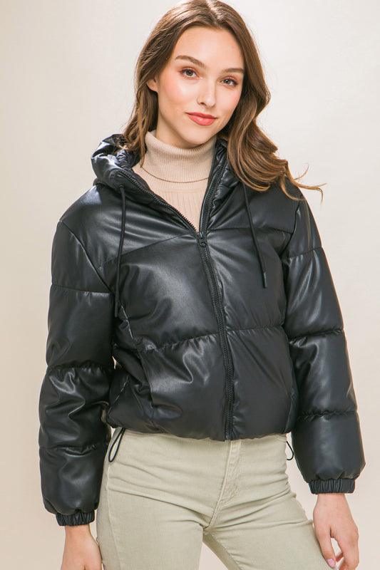 Pu Faux Leather Zipper Hooded Puffer Jacket - lolaluxeshop