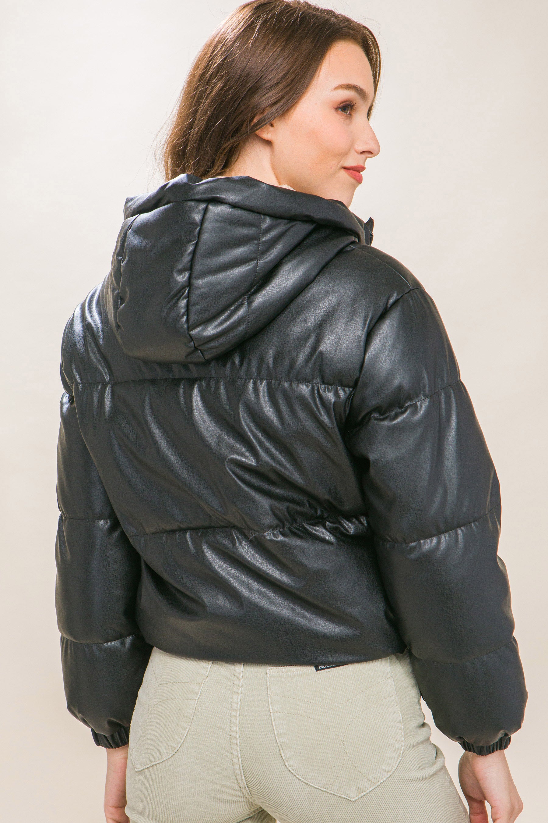 Pu Faux Leather Zipper Hooded Puffer Jacket - lolaluxeshop