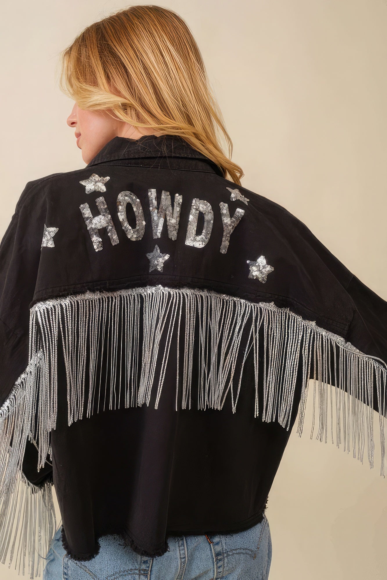 Howdy Sequin Fringe And Star Patches Jacket - lolaluxeshop