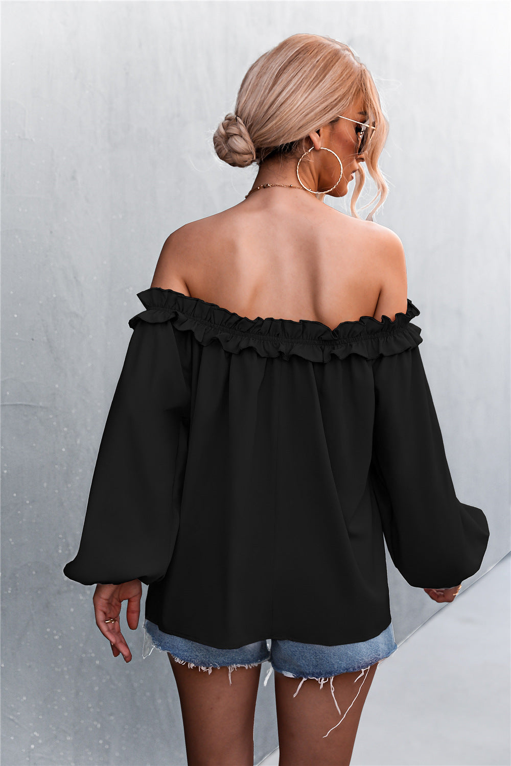 Frill Trim Off-Shoulder Balloon Sleeve Top - LOLA LUXE