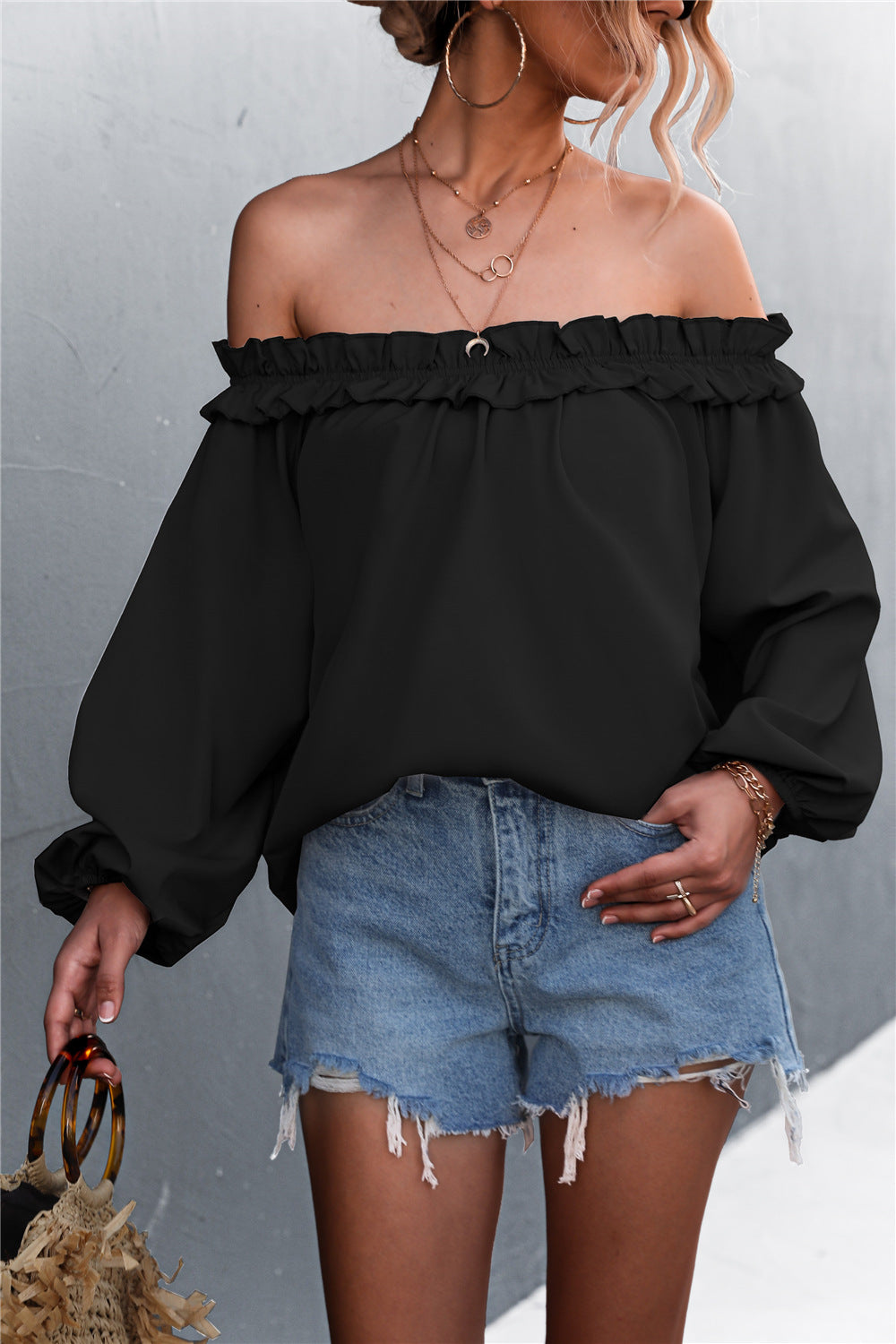 Frill Trim Off-Shoulder Balloon Sleeve Top - LOLA LUXE