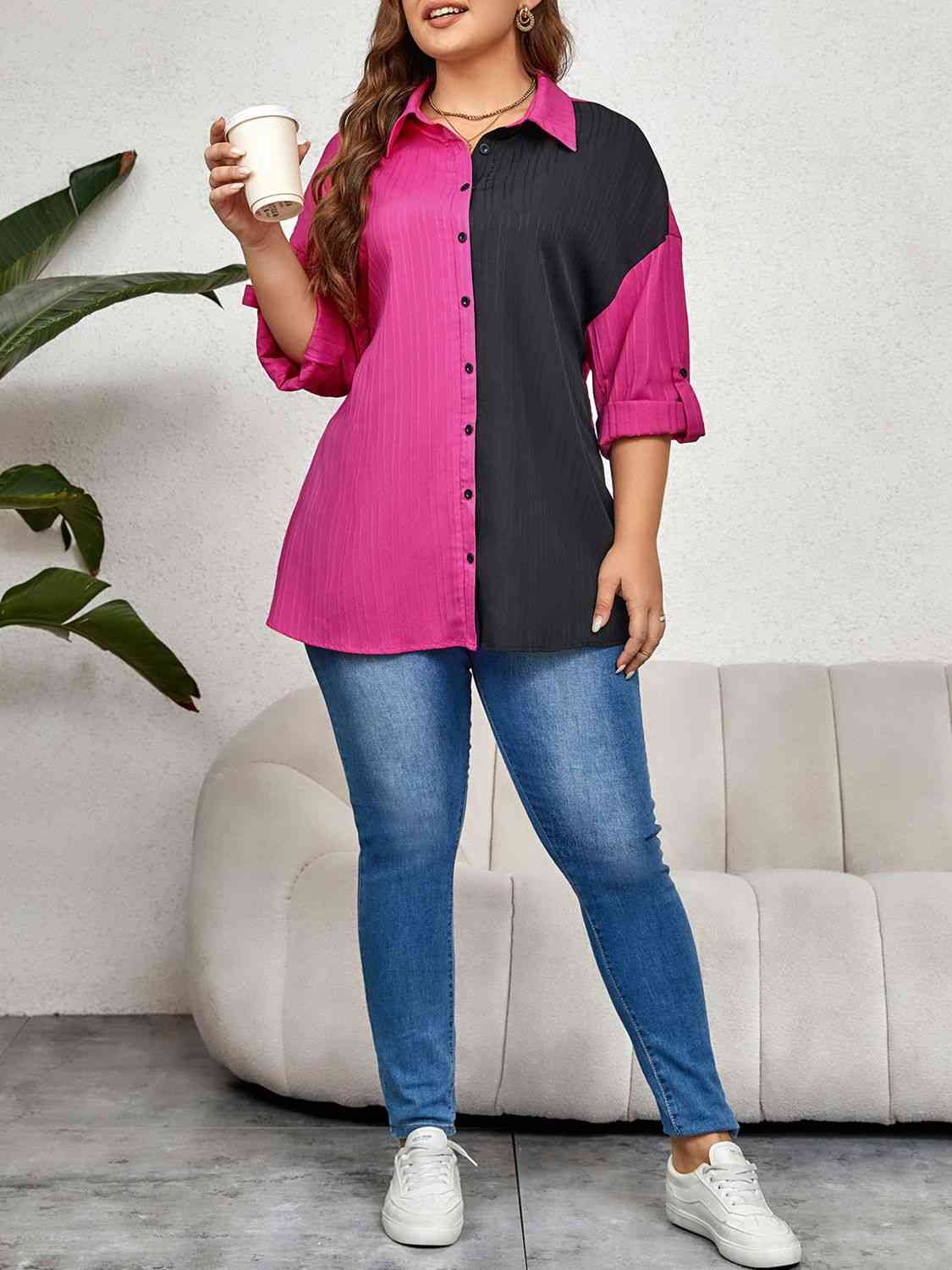 Plus Size Contrast Color Roll-Tap Sleeve Shirt - lolaluxeshop