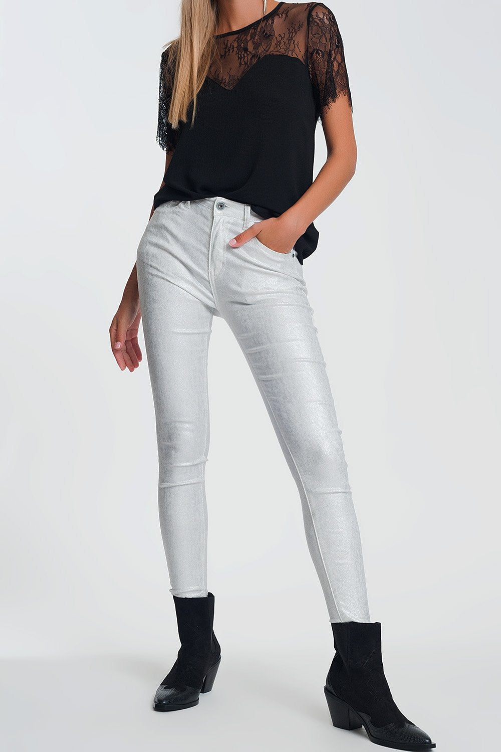 Super Skinny High Waisted Pants With Silver Sparkle in White - LOLA LUXE