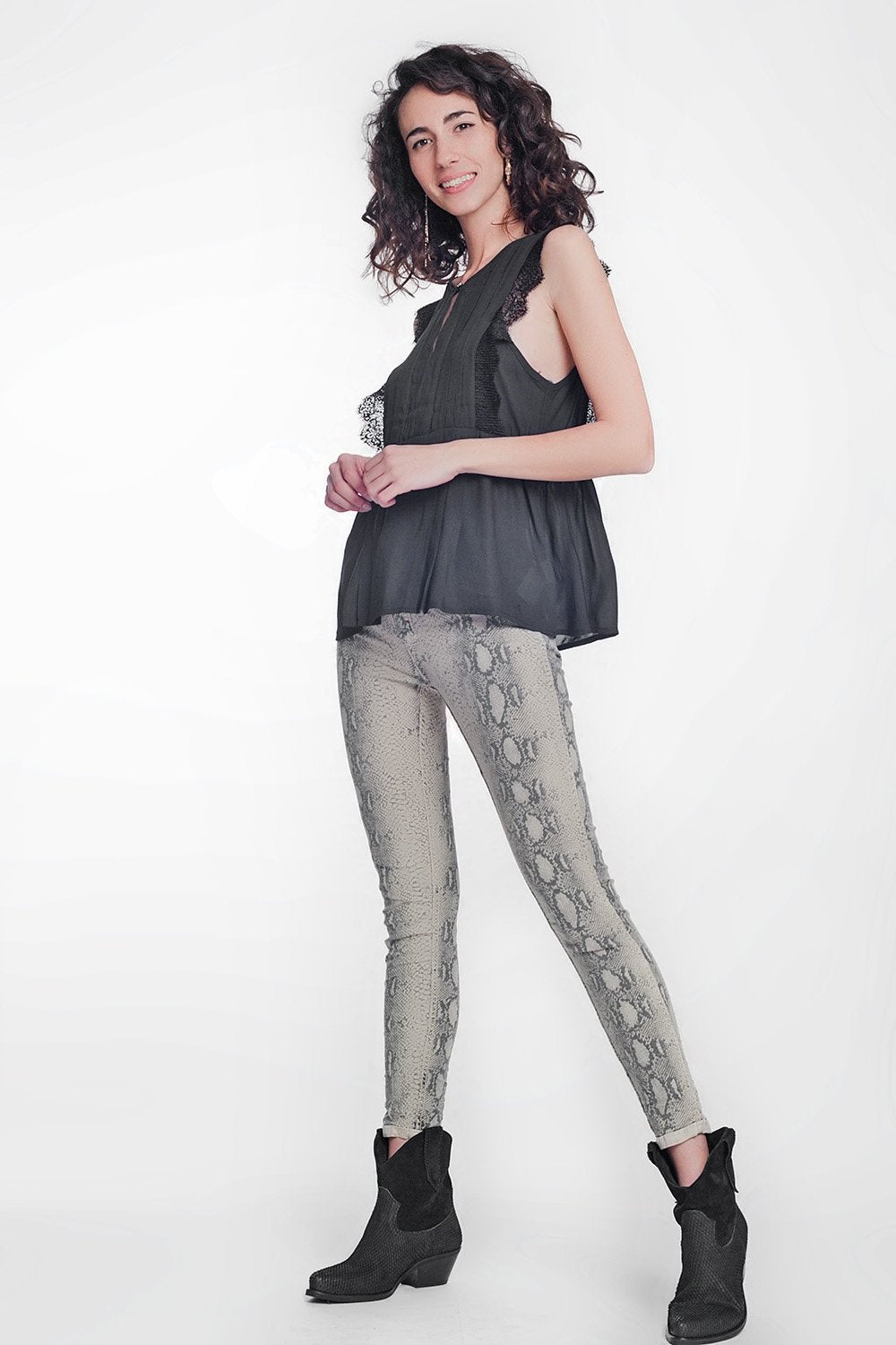 Beige Super Skinny Reversible Pants With Snake Print - LOLA LUXE