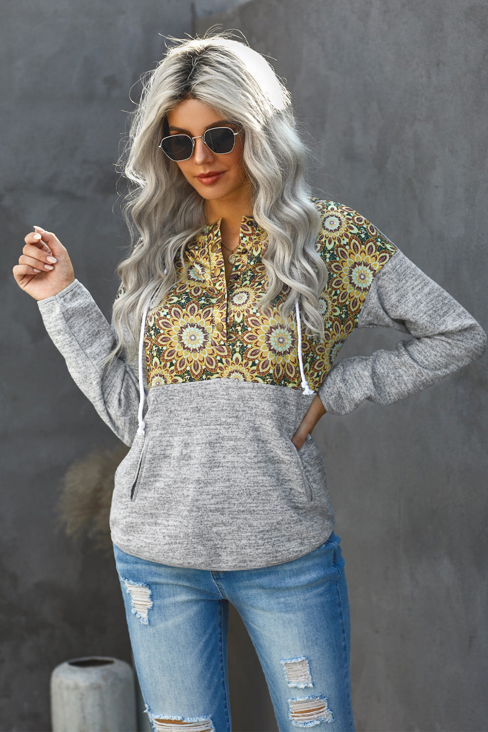 Retro Floral Contrast Panel Hoodie - LOLA LUXE