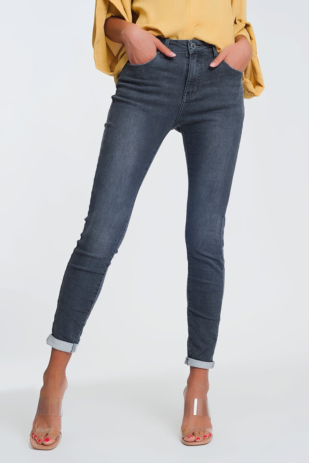 High Waisted Denim Jeans in Glitter Fabric - LOLA LUXE