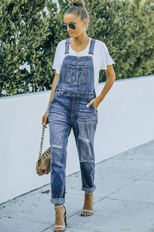 Pocketed Distressed Denim Overalls - LOLA LUXE
