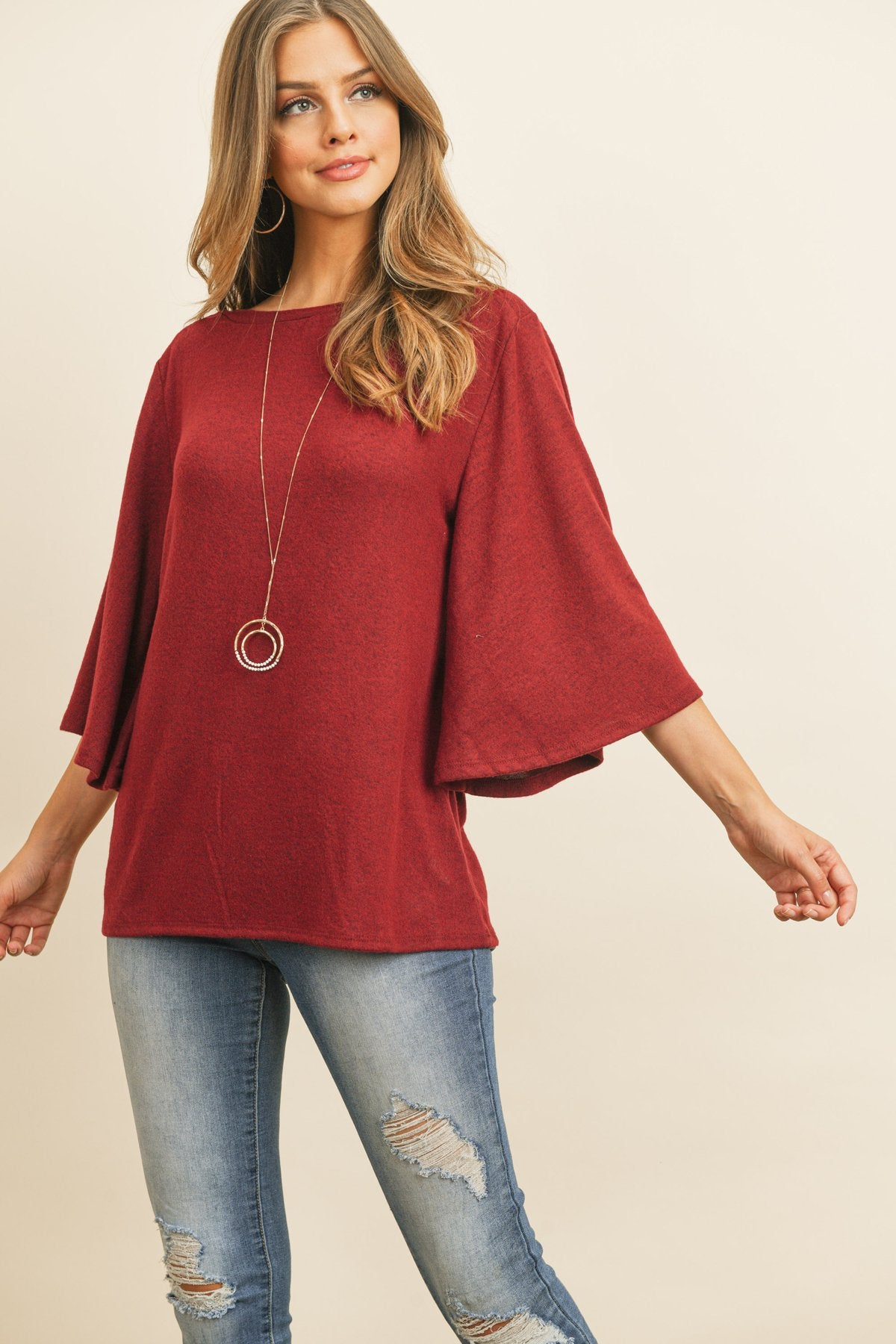 Boat Neck Bell Sleeve Solid Hacci Brushed Top - LOLA LUXE