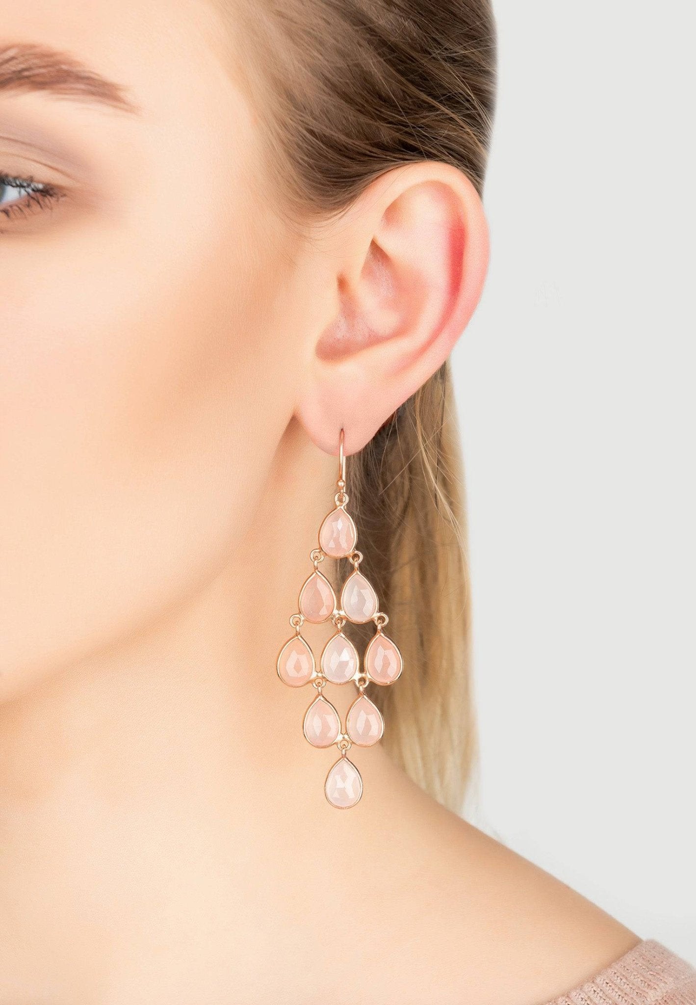 Erviola Gemstone Cascade Earrings Rose Gold Rose Quartz - lolaluxeshop