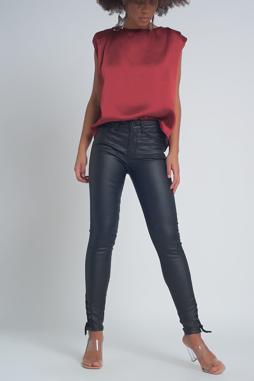 Black Leather Effect Trousers With Hem Lace-Up - LOLA LUXE