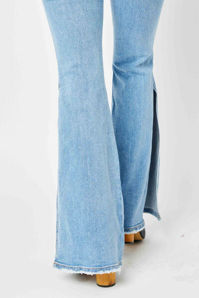 Judy Blue Full Size Mid Rise Raw Hem Slit Flare Jeans - lolaluxeshop