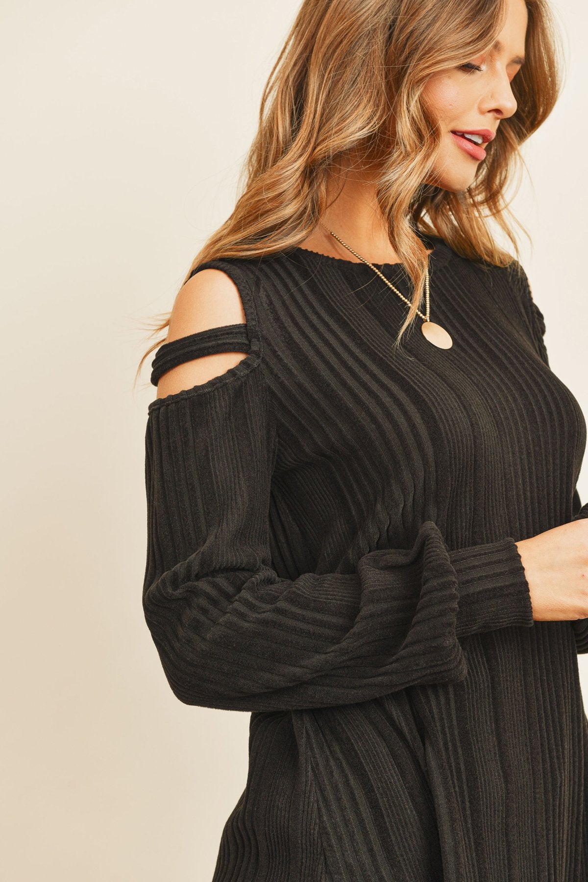 Ladder Open Should Long Sleeved Rib Detail Top - LOLA LUXE