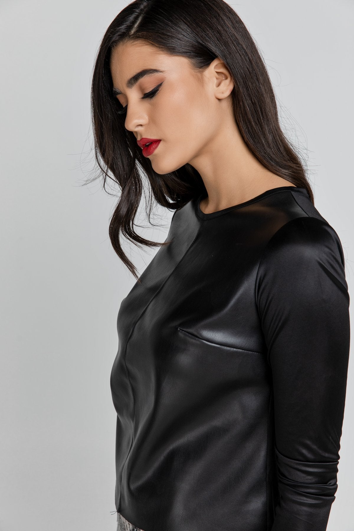 Black Stretch Top With Leather Front - LOLA LUXE