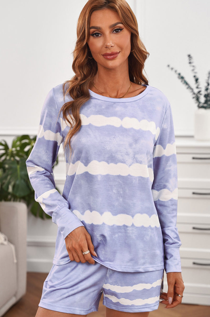 Tie-dyed Stripes Long Sleeve Shorts Lounge Set - LOLA LUXE