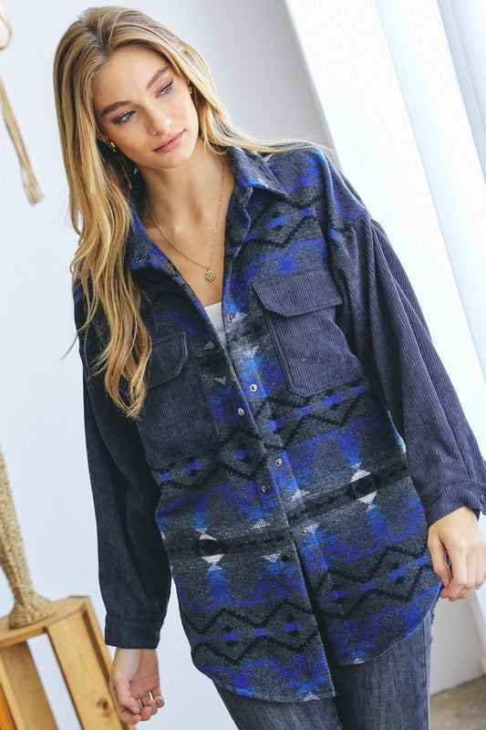 PRINTED BUTTON DOWN LONG SLEEVE JACKET - LOLA LUXE