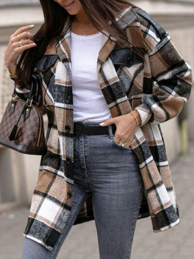 Pocketed Plaid Button Up Dropped Shoulder Shacket - lolaluxeshop