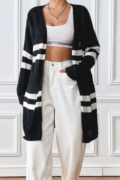Striped Open Front Dropped Shoulder Cardigan - lolaluxeshop
