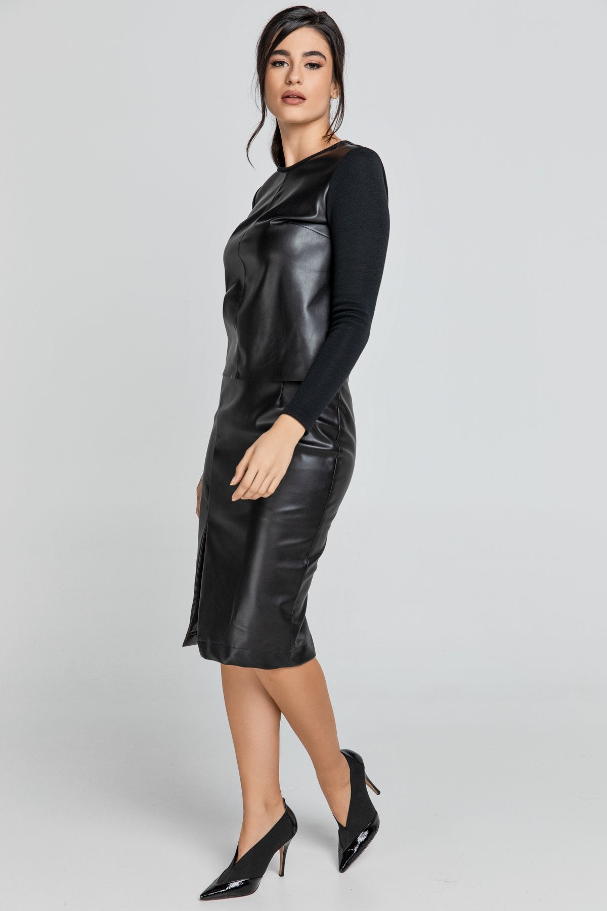 Black Top With Faux Leather Front - LOLA LUXE