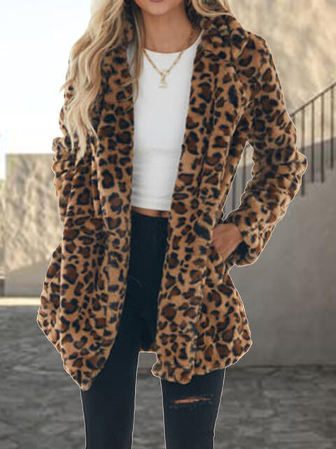 Leopard Collared Neck Coat with Pockets - lolaluxeshop