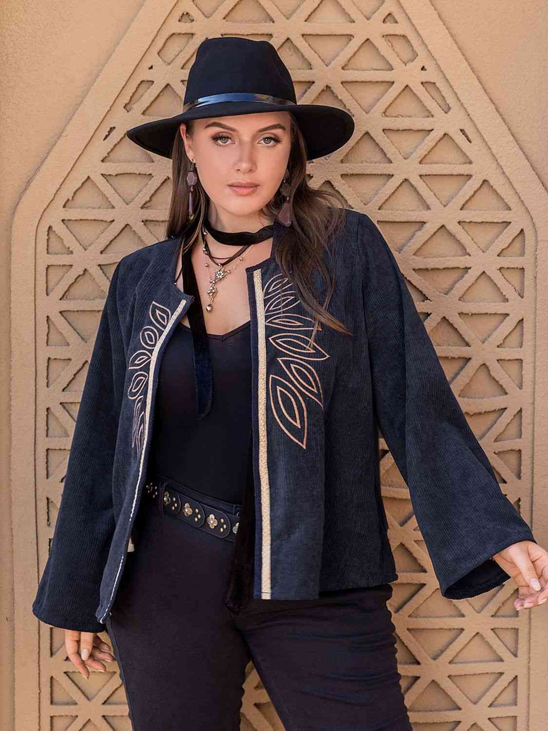 Plus Size Embroidered Open Front Jacket - lolaluxeshop