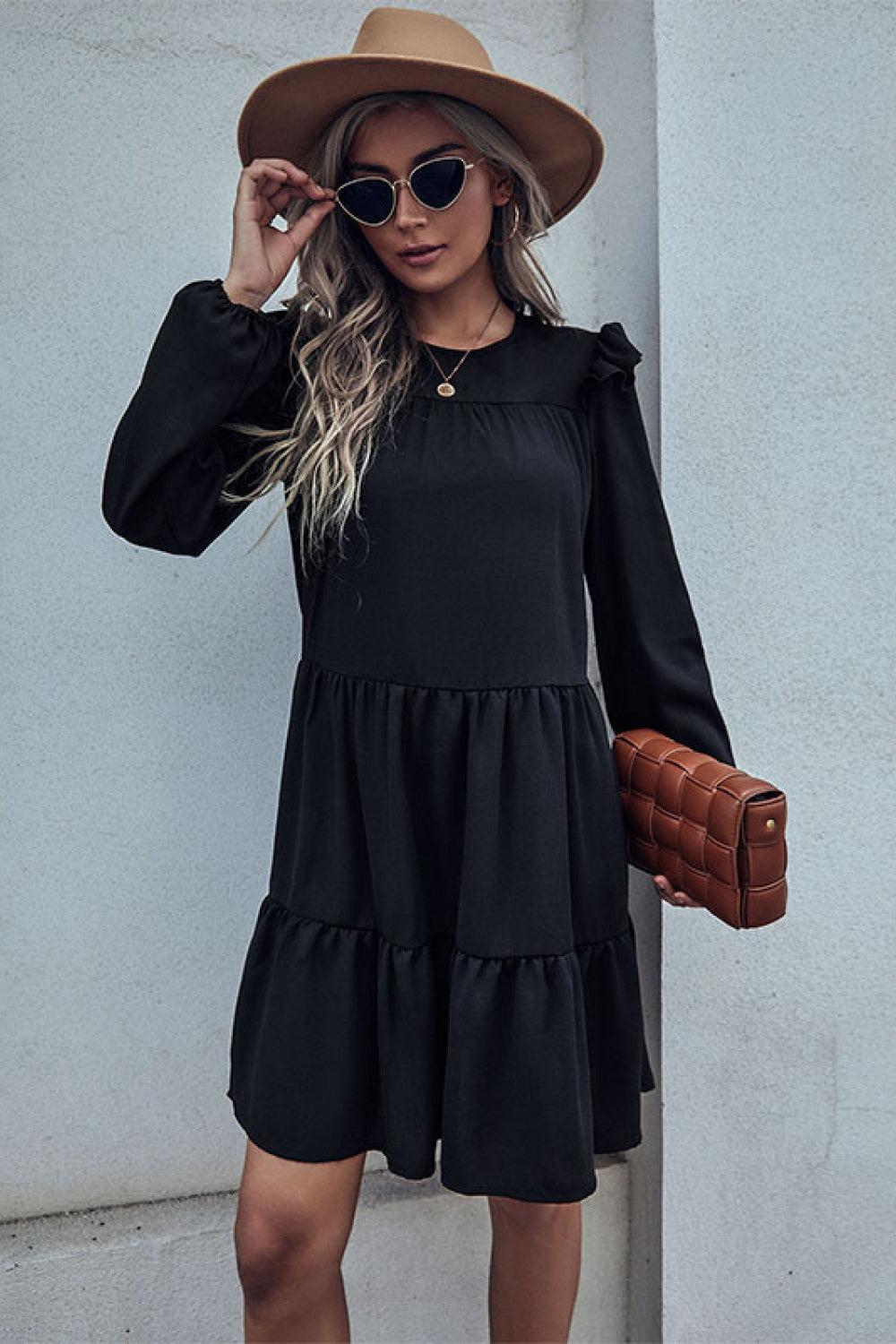 Ruffled Shoulder Tiered Dress - LOLA LUXE