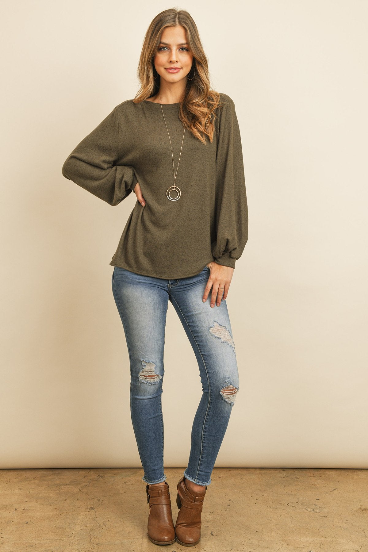 Puff Sleeved Boat Neck Two Toned Brushed Hacci Top - LOLA LUXE