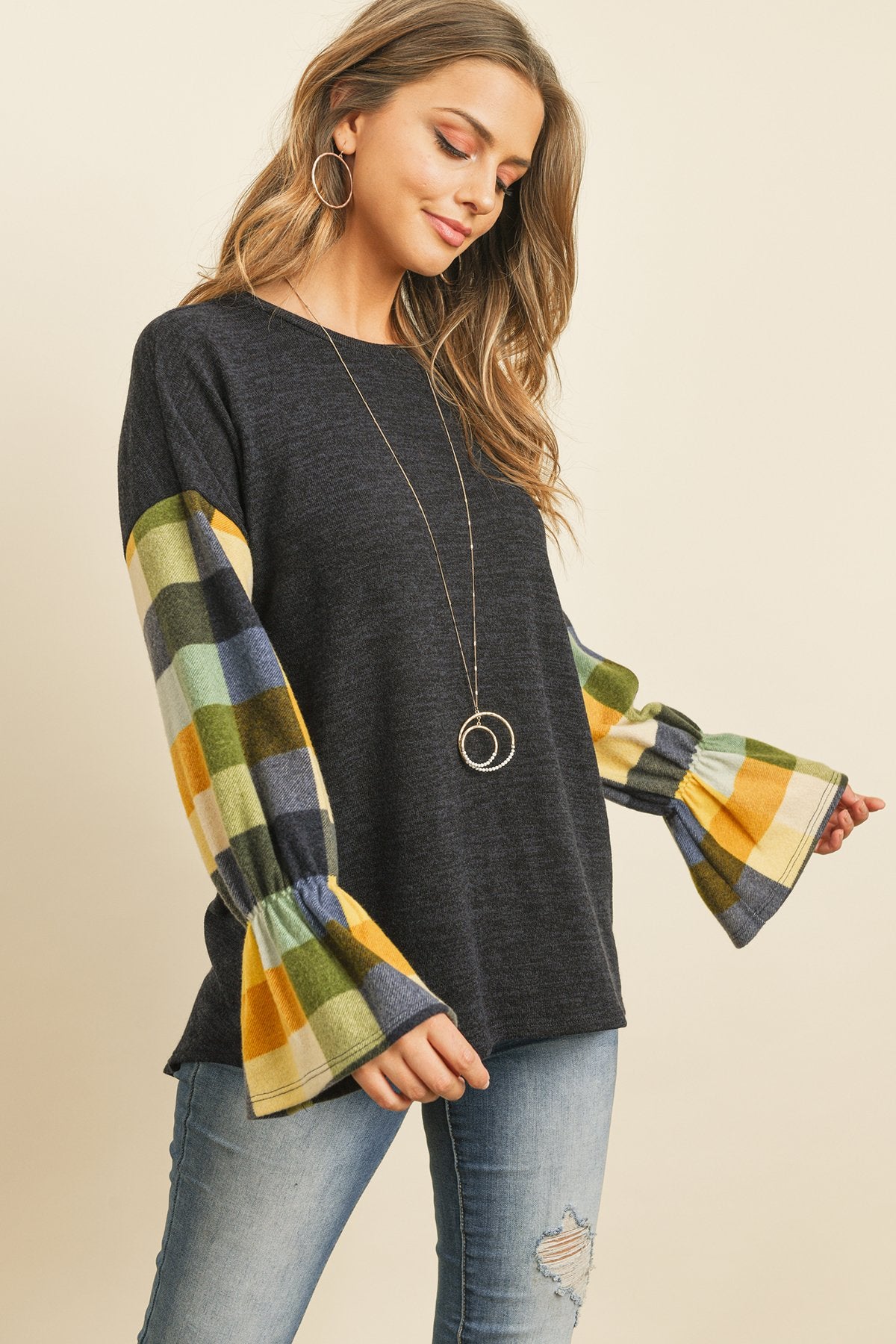 Plaid Bell Sleeves Mier Sweater - LOLA LUXE