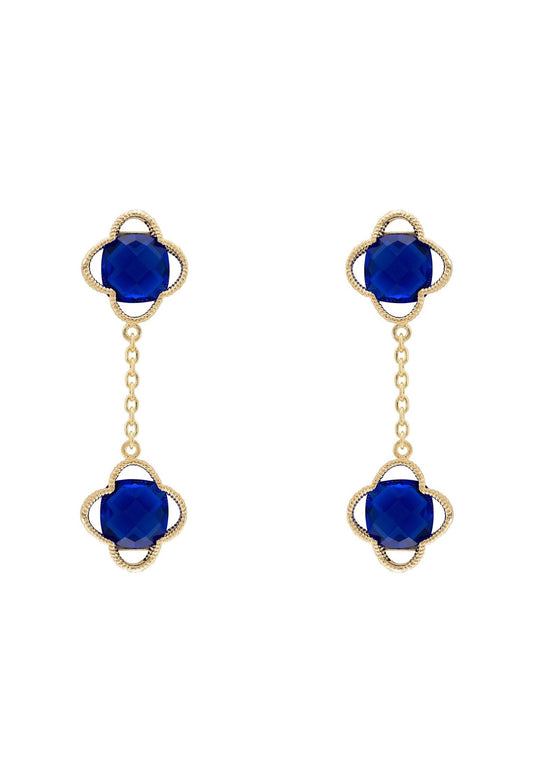 Open Clover Double Drop Earrings Gold Sapphire - lolaluxeshop