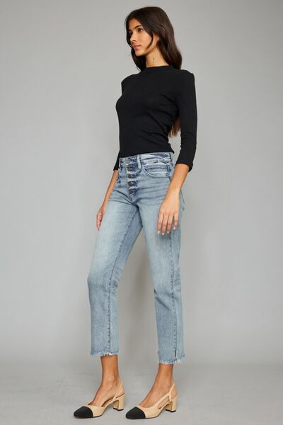 Kancan High Waist Button Fly Raw Hem Cropped Straight Jeans - lolaluxeshop