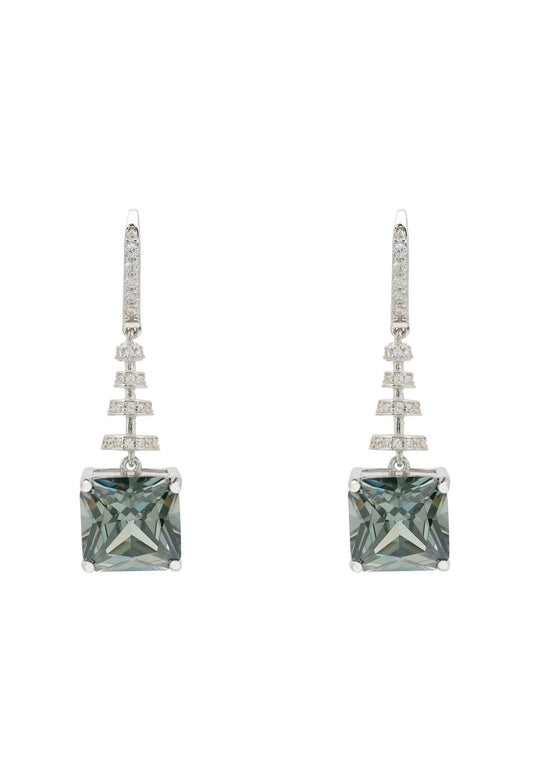 Spiral Square Crystal Drop Earrings Peridot Green Silver - lolaluxeshop