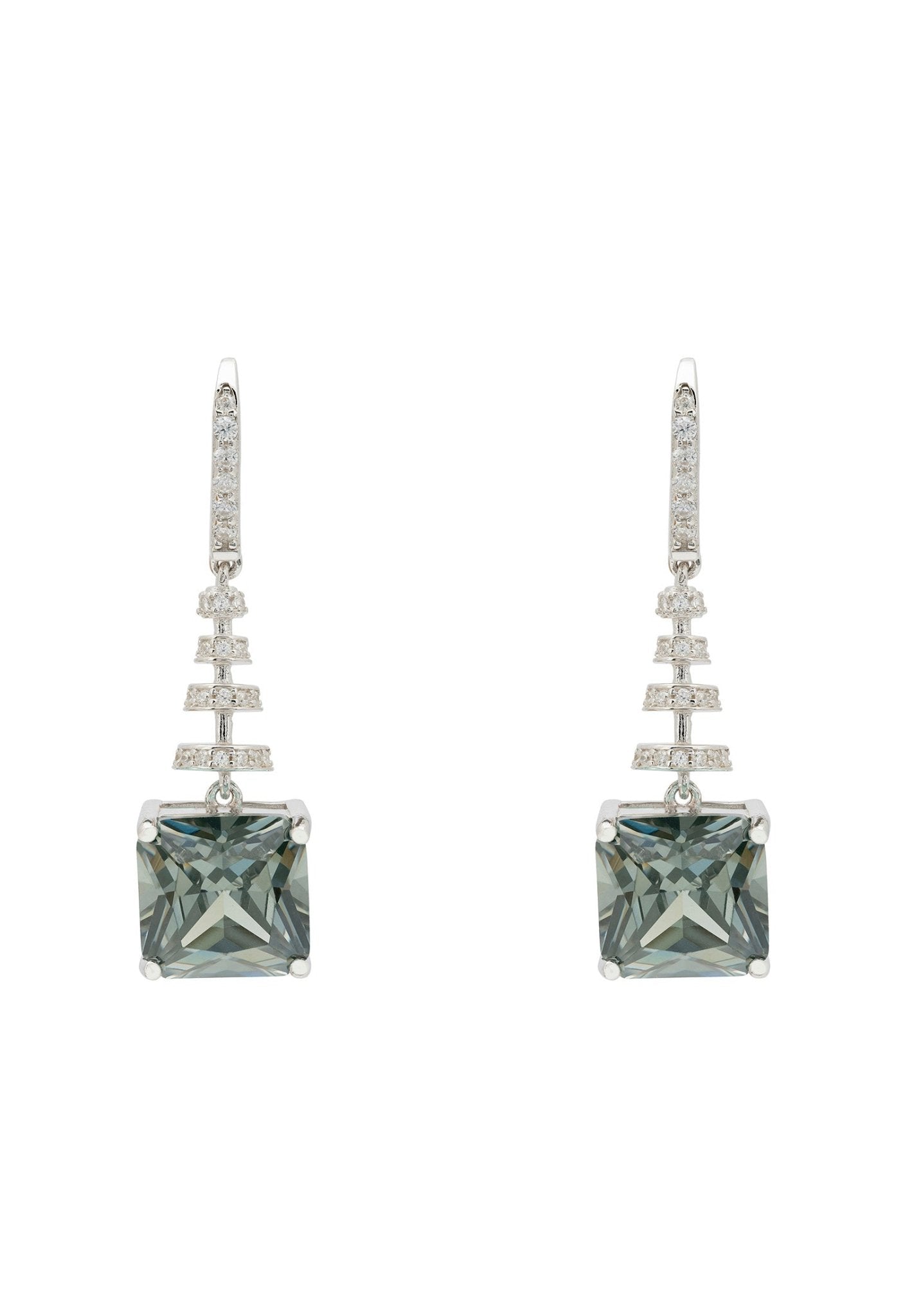 Spiral Square Crystal Drop Earrings Peridot Green Silver - lolaluxeshop