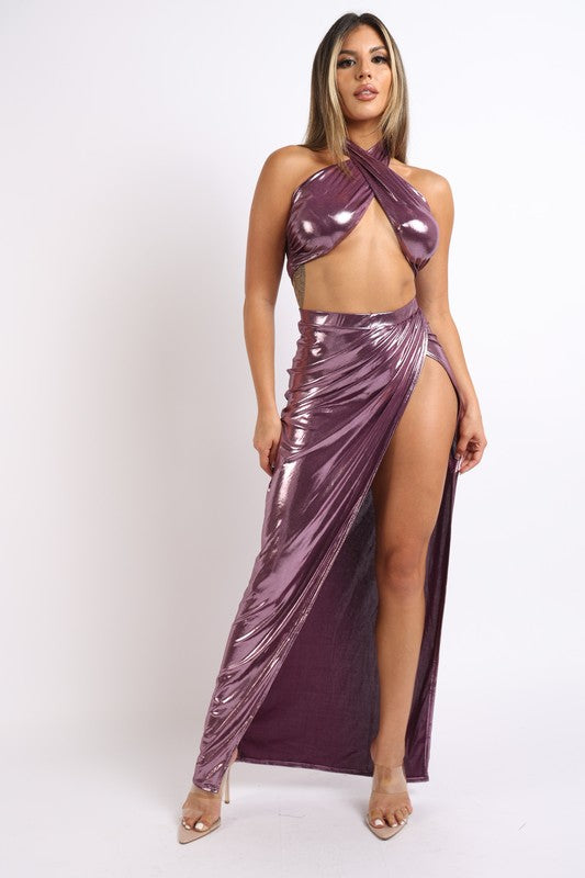 Foil Surplice Halter Top and Opened Maxi Skirt - LOLA LUXE