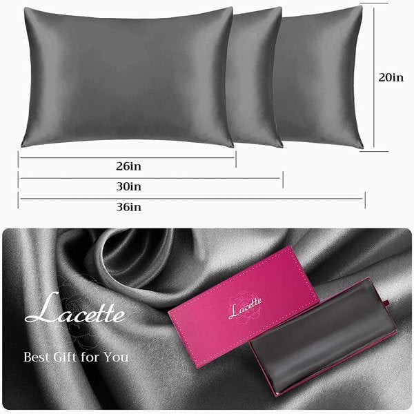 Lacette Silk Pillowcase 2 Pack for Hair and Skin, 100% Mulberry Silk, Double-Sided Silk Pillow Cases with Hidden Zipper (Deep Gray, Queen Size: 20" x 30") - lolaluxeshop
