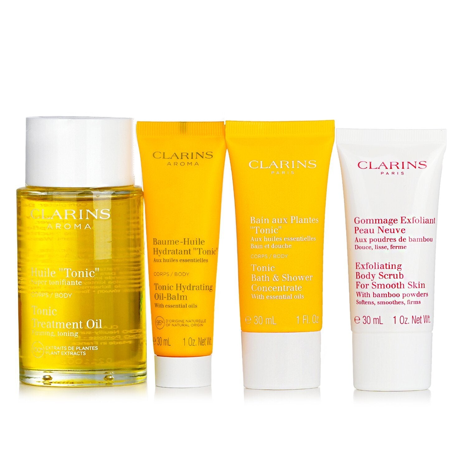 CLARINS - SPA At Home Set: Body Oil 100ml+Shower Concentrate 30ml+Baume Huile Oil Balm 30ml+Body Scrub 30ml+1 Bag 80100879 / 180712 4pcs+1bag - lolaluxeshop