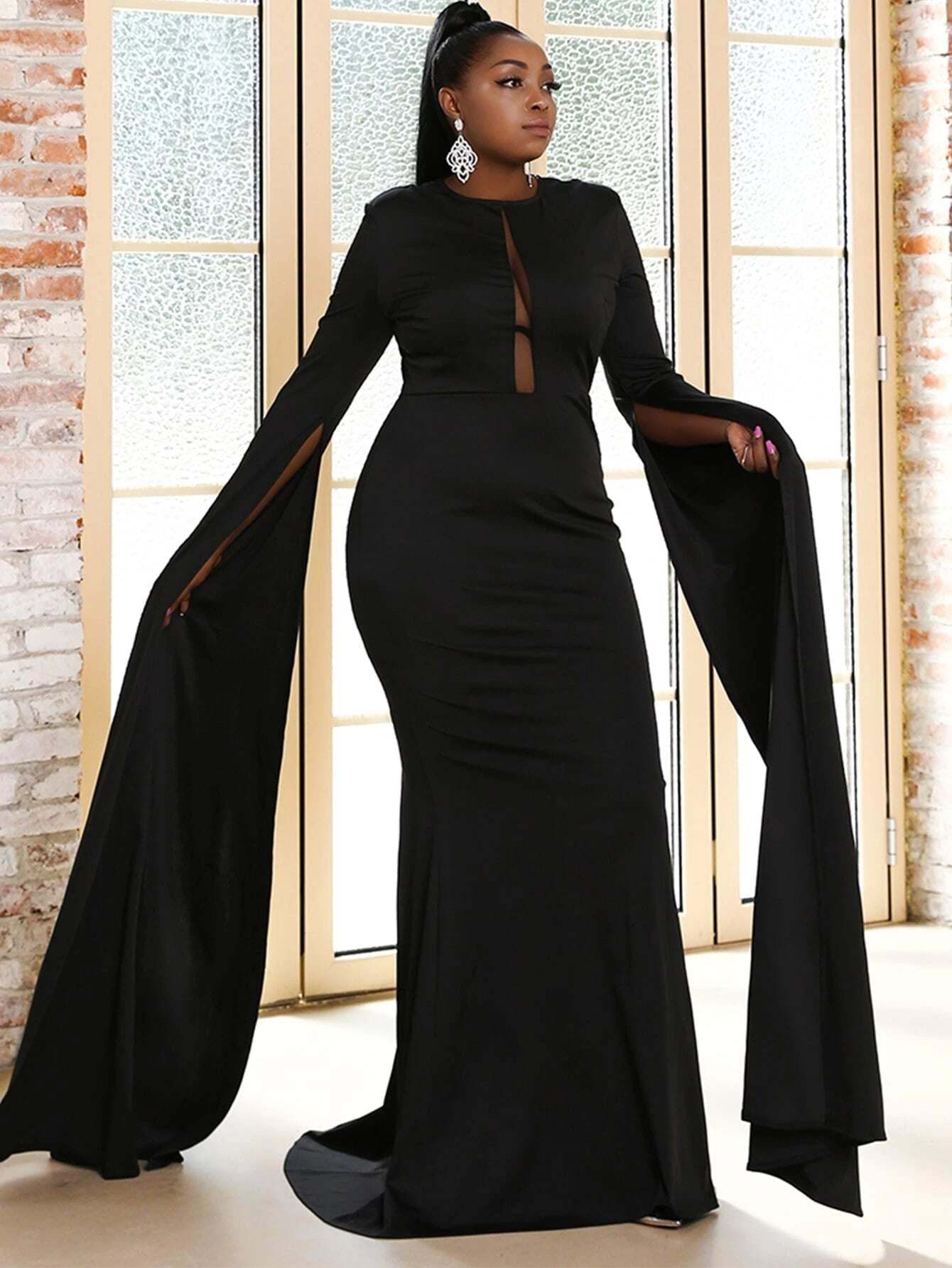 Black Elegant Dress With Flared Sleeves - lolaluxeshop