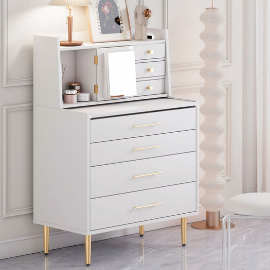 Vanity Makeup Table with Mirror and Retractable Table, Storage Dresser for Bedroom with 7 Drawers and Hidden Storage,White - lolaluxeshop