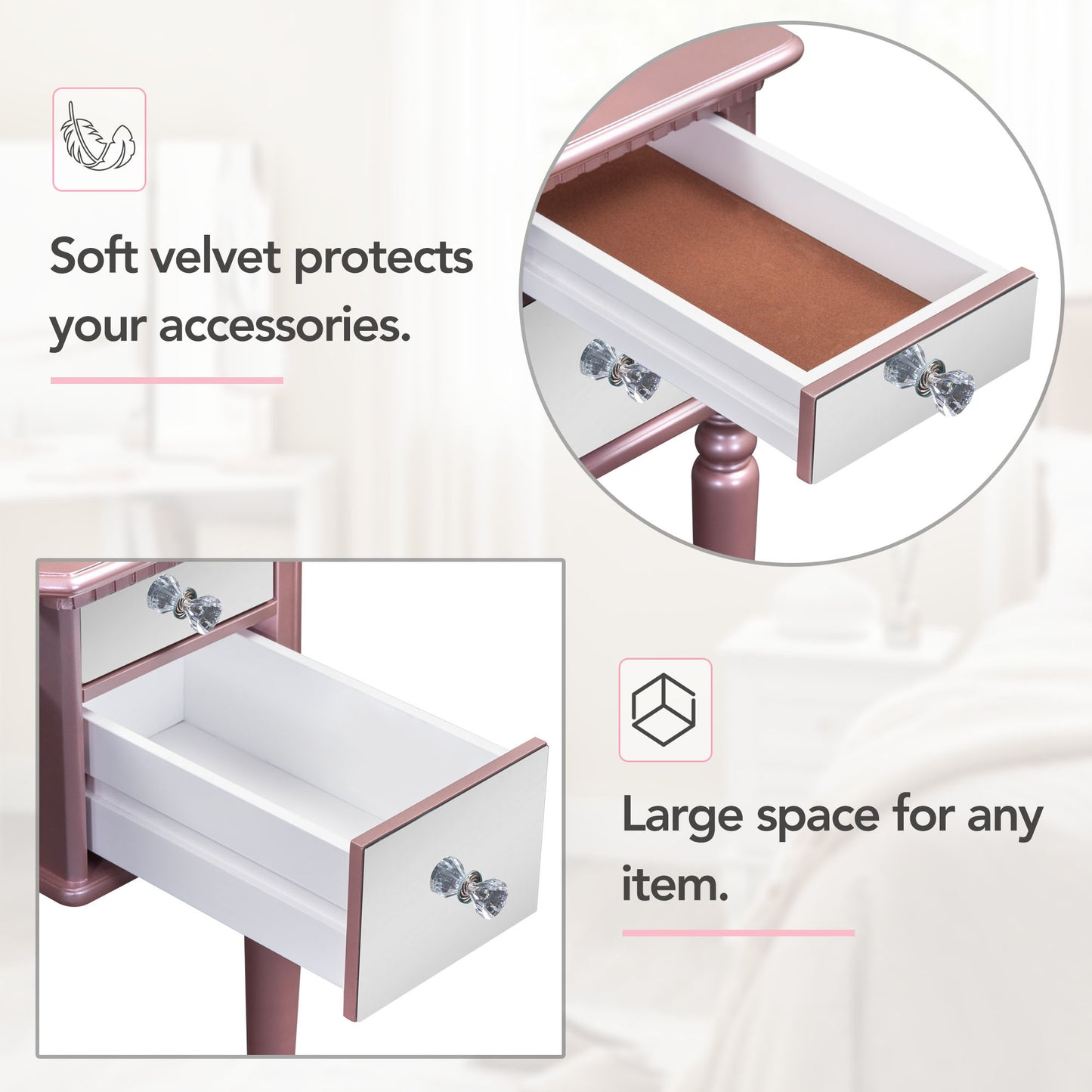 GO 43" Dressing Table Set with Mirrored Drawers and Stool, Tri-fold Mirror, Makeup Vanity Set for Bedroom, Rose Gold - lolaluxeshop