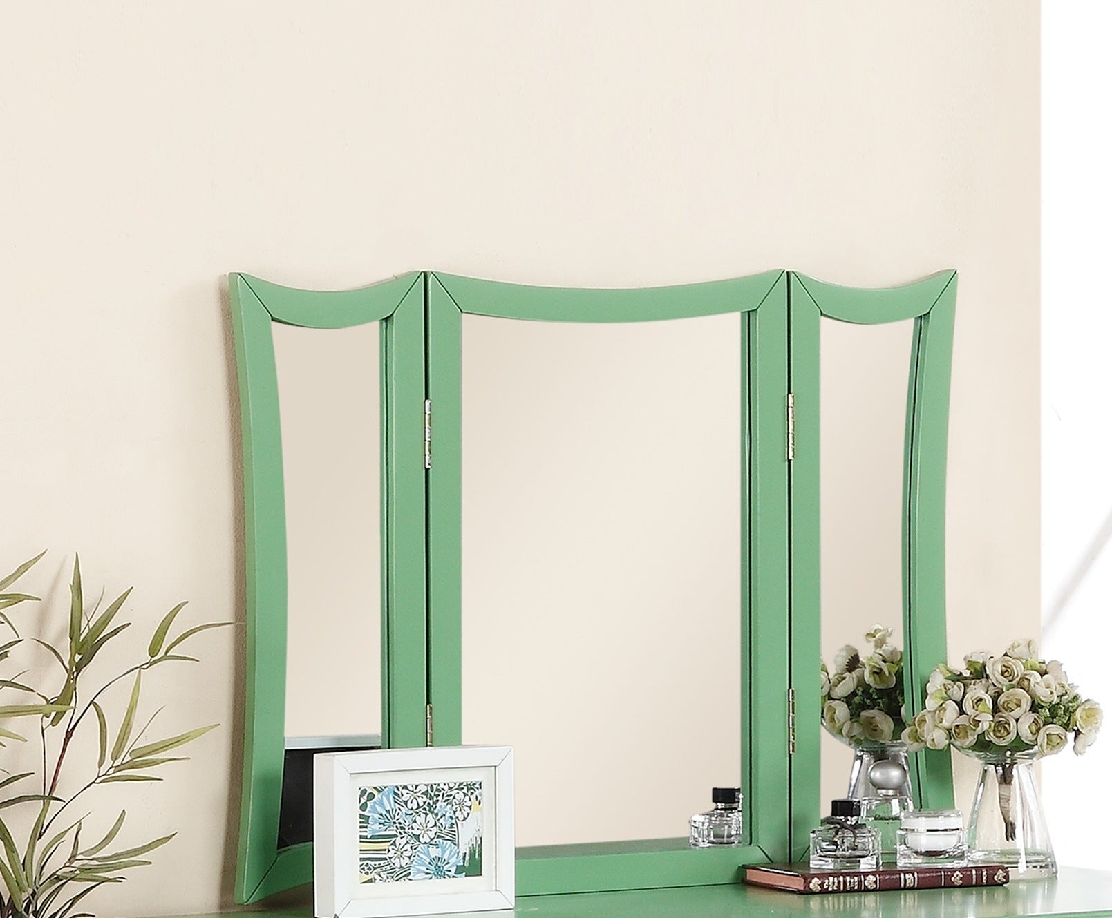 Unique Modern Bedroom Vanity Set w Stool Foldable Mirror Drawers Apple Green Color MDF Veneer 1pc Vanity Furniture - lolaluxeshop