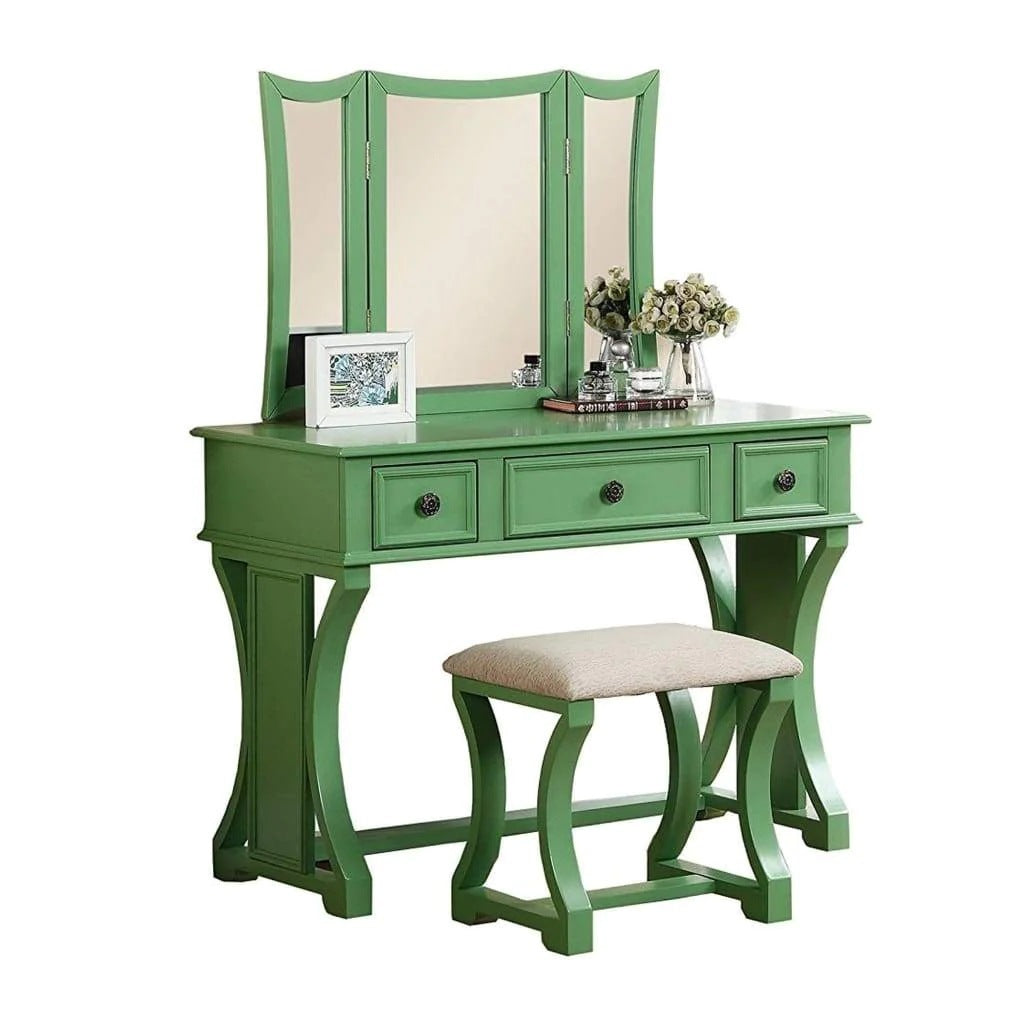 Unique Modern Bedroom Vanity Set w Stool Foldable Mirror Drawers Apple Green Color MDF Veneer 1pc Vanity Furniture - lolaluxeshop