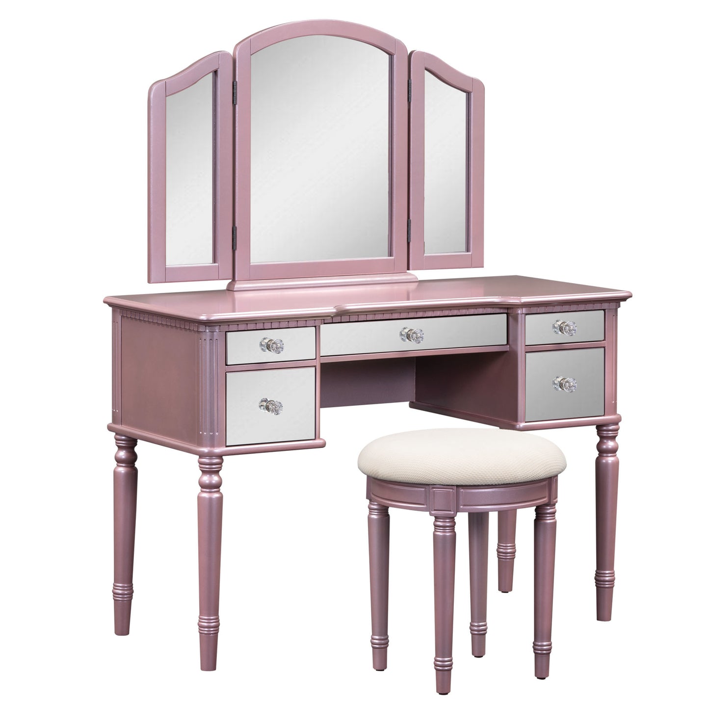 GO 43" Dressing Table Set with Mirrored Drawers and Stool, Tri-fold Mirror, Makeup Vanity Set for Bedroom, Rose Gold - lolaluxeshop