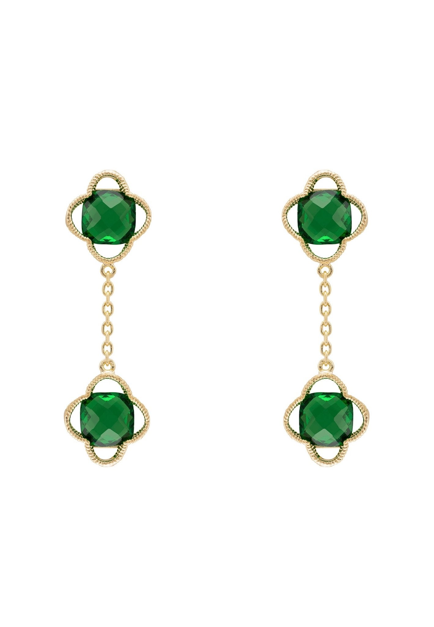 Open Clover Double Drop Earrings Gold Emerald - lolaluxeshop
