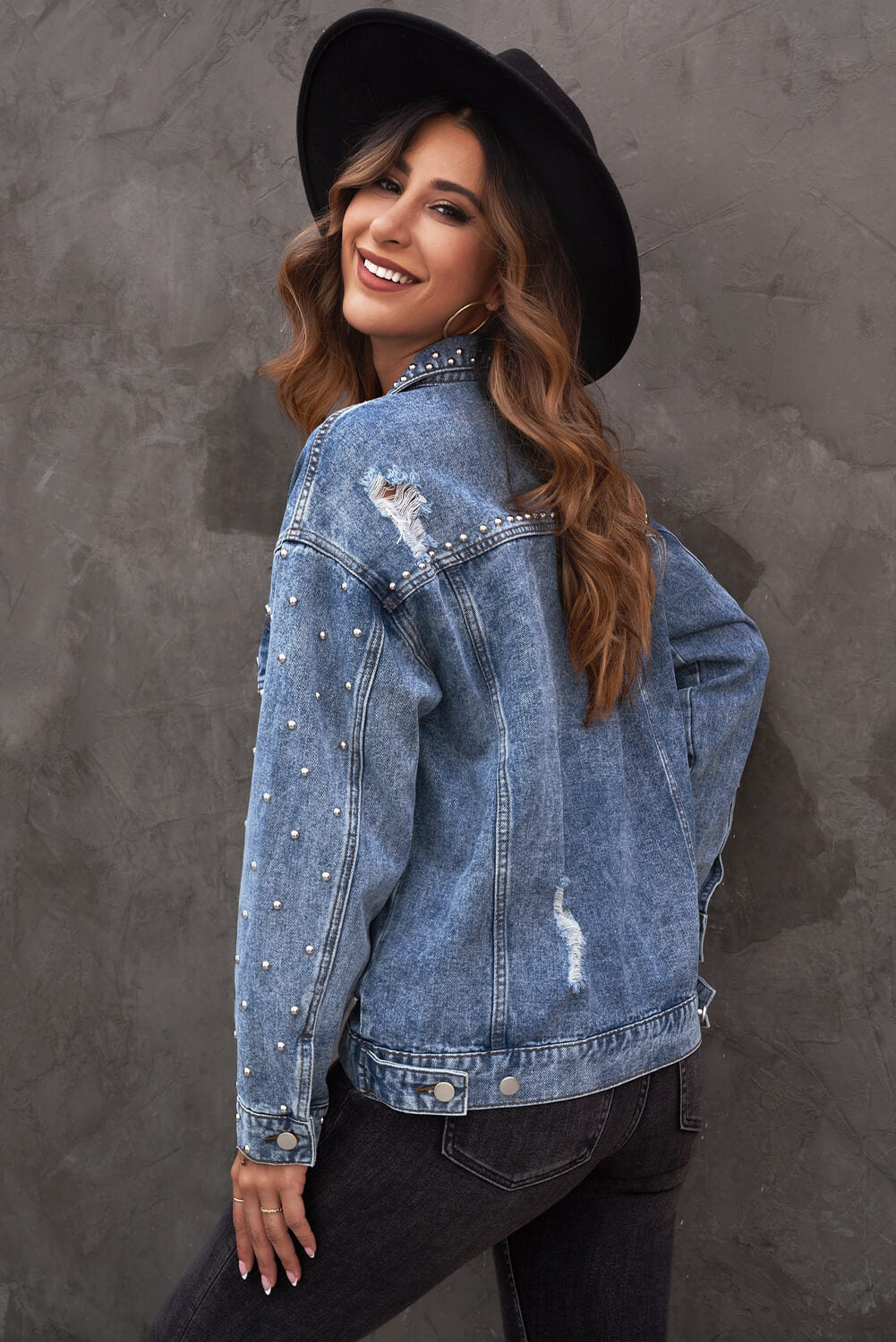 Studded Button Down Denim Jacket - LOLA LUXE