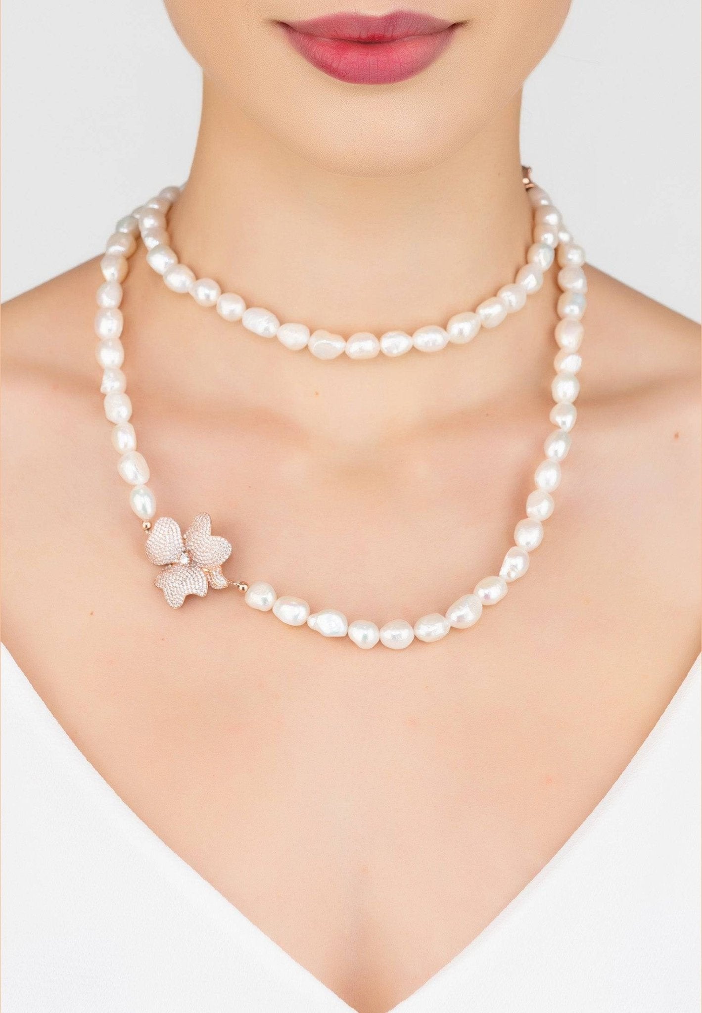 Flower Pearl Gemstone Long Necklace White Cz Rosegold - lolaluxeshop