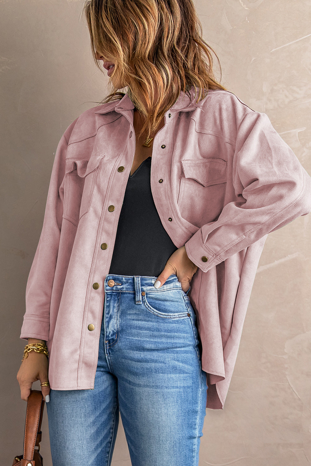 Suede Snap Front Dropped Shoulder Jacket - LOLA LUXE