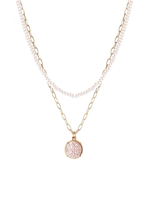 Fs3220 - Druzy Glass Bead Link Pendant Round Necklace - LOLA LUXE