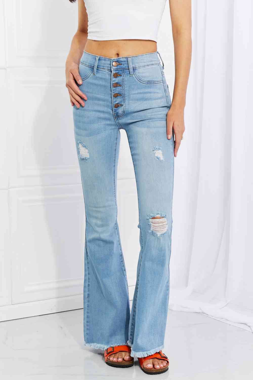 Vibrant MIU Full Size Jess Button Flare Jeans - lolaluxeshop